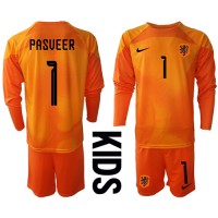 Niederlande Remko Pasveer #1 Torwart Fußballbekleidung Auswärtstrikot Kinder WM 2022 Langarm (+ kurze hosen)